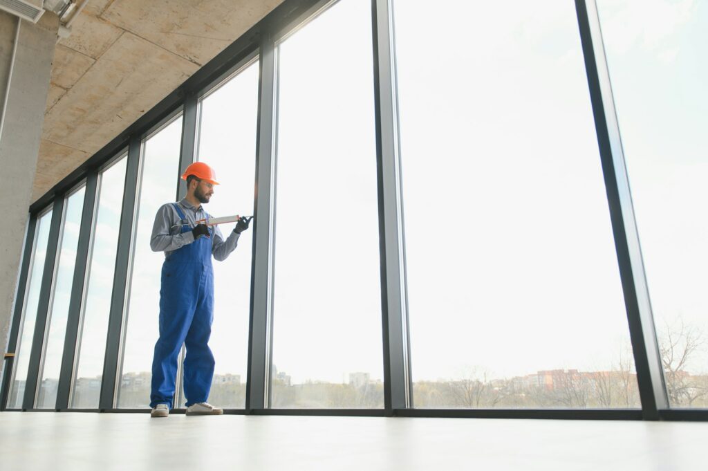 service man installing plastic window.